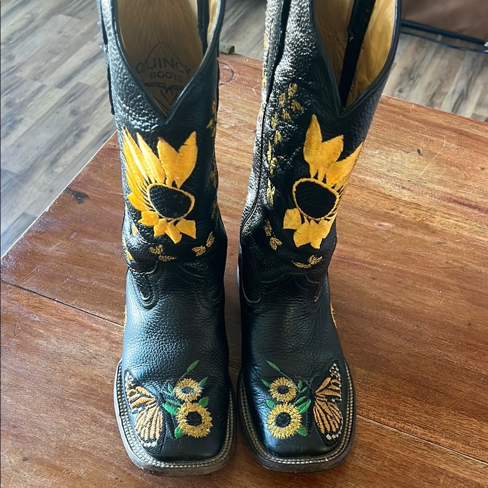 Black and Yellow Floral Embroidered Boots